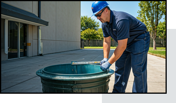The Grease Company technician performing commercial grease trap inspection and cleaning for restaurant grease management services in Anaheim, California.