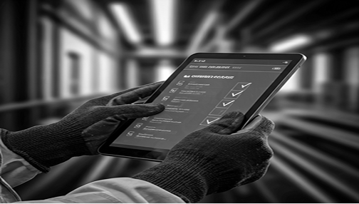 Worker using a tablet to monitor and complete a digital industrial equipment inspection checklist in a manufacturing facility
